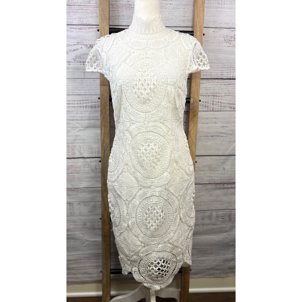 Bisou Bisou Michele Bohbot White Lace High Neck Dress‎ Size 8 - Picture 9 of 11